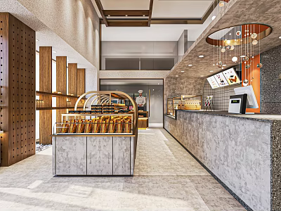 Modern Open Concept Dessert Shop Interior With Glass Display Case And Bar Counter 3d model