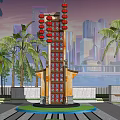 Traditional Style Signage With Red Lanterns Palm Trees And Urban Skyline Background