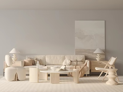 Modern Beige Sofa And Coffee Table Set With Table Lamps Artwork And Accent Chairs 3d model