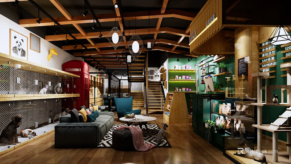 Cozy Mall Store Interior With Sofa Coffee Table Staircase Green Shelves And Wooden Ceiling 3d model 