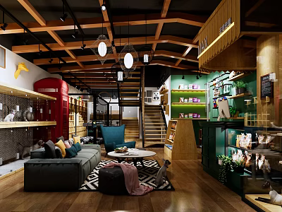 Cozy Mall Store Interior With Sofa Coffee Table Staircase Green Shelves And Wooden Ceiling 3d model