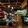 Cozy Mall Store Interior With Sofa Coffee Table Staircase Green Shelves And Wooden Ceiling