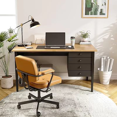 Modern Office Desk Interior With Laptop Orange Chair Desk Lamp Coffee Cup And Plants 3d model