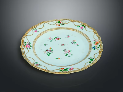 Elegant Decorative Ceramic Plate With Oval Shape Gold Rim And Colorful Floral Patterns 3d model
