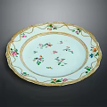 Elegant Decorative Ceramic Plate With Oval Shape Gold Rim And Colorful Floral Patterns