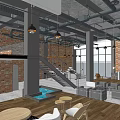 Industrial Style Café Interior With Brick Wall Hanging Pendant Lights Gray Sofa And Staircase