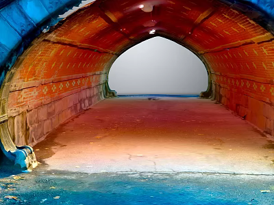 Modern Tunnel Interior With Red Brick Arch And Blue Accent Walls 3d model