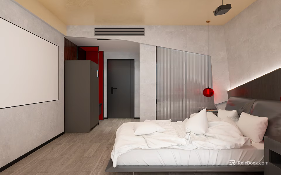 Modern Hotel Guest Room Interior With White Bed Pillows Gray Walls And Red Accent 3d model 
