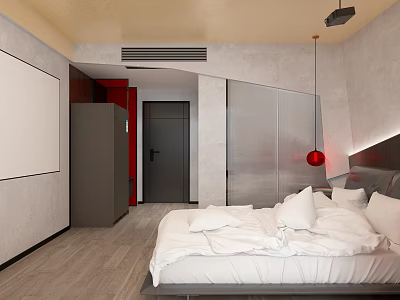 Modern Hotel Guest Room Interior With White Bed Pillows Gray Walls And Red Accent 3d model