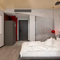 Modern Hotel Guest Room Interior With White Bed Pillows Gray Walls And Red Accent