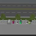 Roadside Parking Lot With Parked Cars Green Trees And Multiple Marked Spaces