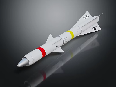 White Military Missile With Red Yellow Stripes Silver Nose Cone And Tail Fins 3d model