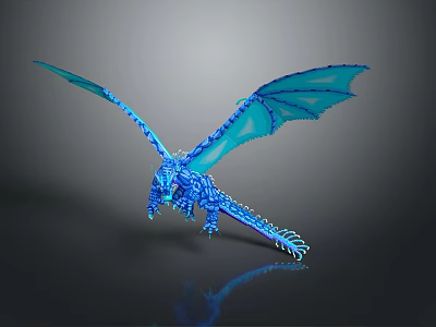 Blue Flying Dragon 3D Model with Shiny Transparent Wings and Reflection 3d model