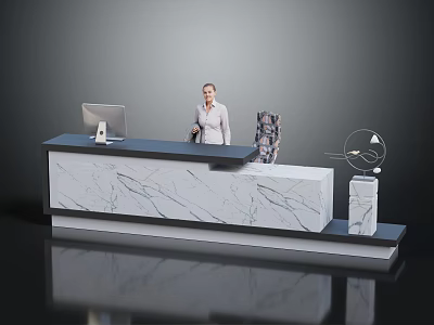 Elegant Modern Reception Desk Furniture With Marble Surface Computer And Stylish Interior Design 3d model