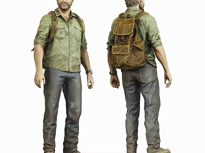 Man In Green Shirt Gray Pants With Brown Backpack 3d model