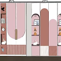 Stylish Pink And White Wardrobe With Curved Arched Design Storage Shelves Decorative Figurines And Clock
