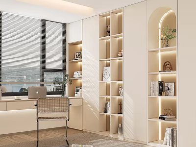 Modern Home Office Desk With Bookshelves Laptop Plants And Window Blinds 3d model