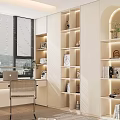 Modern Home Office Desk With Bookshelves Laptop Plants And Window Blinds