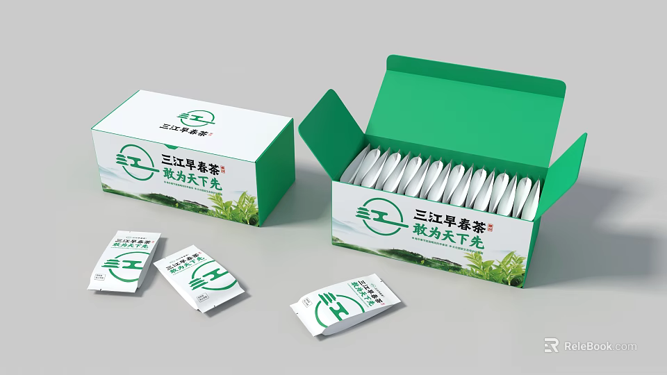 Decorative Ornament Set With Sanjiang Early Spring Tea Packaging Open Closed Boxes And Tea Bags 3d model 