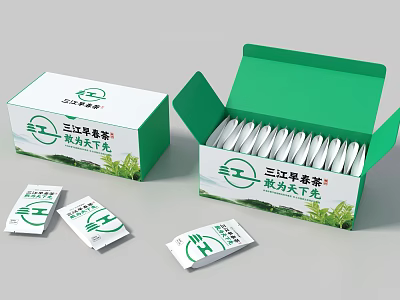 Decorative Ornament Set With Sanjiang Early Spring Tea Packaging Open Closed Boxes And Tea Bags 3d model