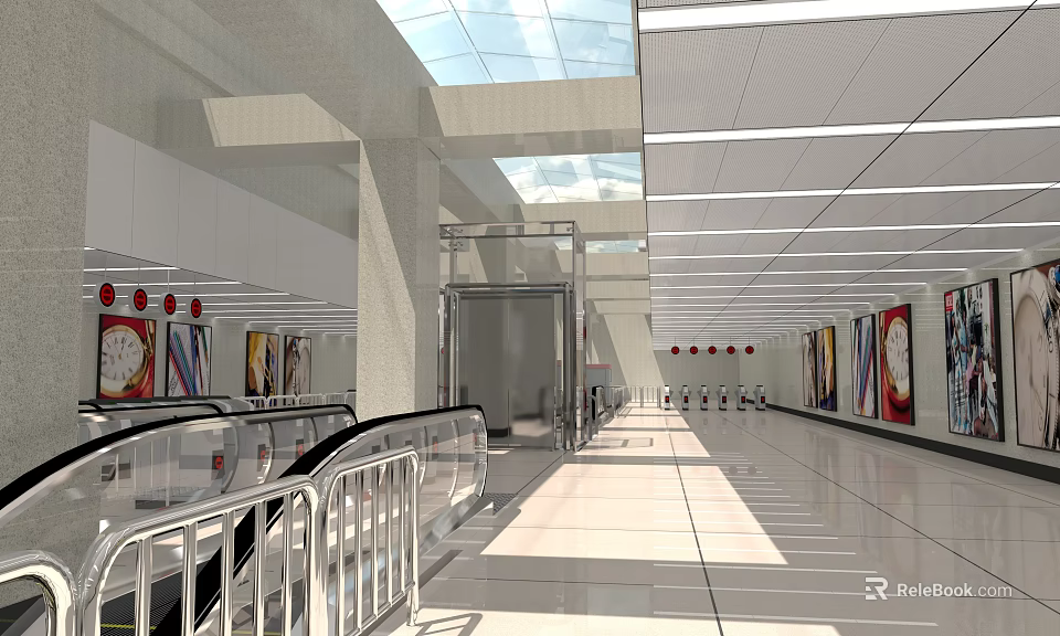 Modern Shopping Mall Lobby Interior Design Featuring Glass Skylight Escalators And Bright Lighting 3d model 