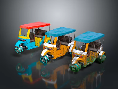 Colorful Vintage Tricycles With Red Blue Yellow Roofs And Decorative Details 3d model