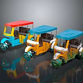Colorful Vintage Tricycles With Red Blue Yellow Roofs And Decorative Details