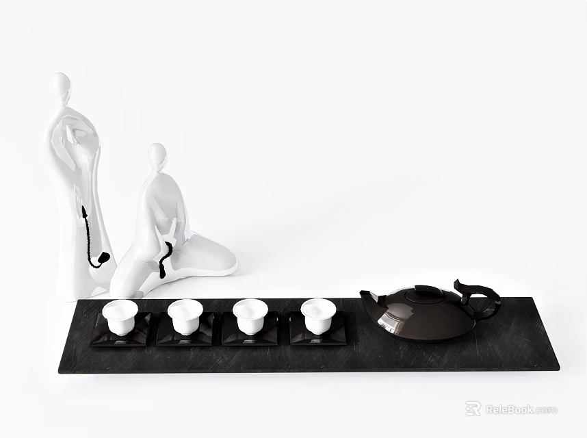 Modern Tea Set With Black Teapot Four White Teacups Black Tray And White Humanoid Figurines 3d model 