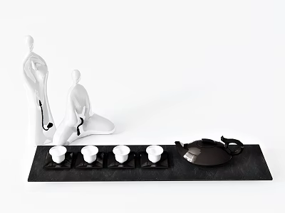 Modern Tea Set With Black Teapot Four White Teacups Black Tray And White Humanoid Figurines 3d model