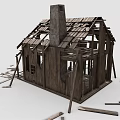 Old Dilapidated Wooden House With Exposed Frame And Scattered Wooden Planks