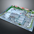 Aerial View of Building Complex Model with Parking Lot Vehicles Greenery and Buildings
