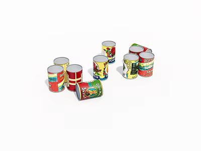 Colorful Canned Food Tins With Various Labels Arranged On White Background 3d model