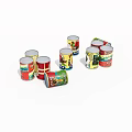 Colorful Canned Food Tins With Various Labels Arranged On White Background