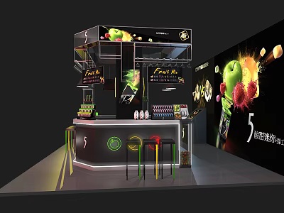 Modern Fruit Themed Bar Counter With High Stools And Beverage 3d model