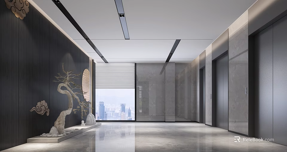Modern Elevator Lobby With Stone Walls City Skyline View And Decorations 3d model 