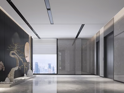 Modern Elevator Lobby With Stone Walls City Skyline View And Decorations 3d model