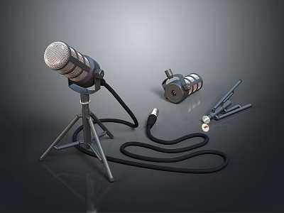 Professional Microphone With Tripod Stand Cable Clip Connector And Audio Accessories 3d model
