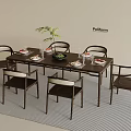 Modern Dining Table Set With Six Chairs Tableware And Decorative Plant In Stylish Interior 3d model