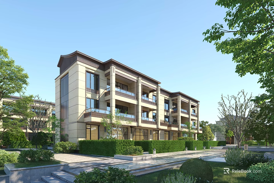 Modern Multi Story Townhouse Exterior With Balconies Greenery And Landscaped Lawn 3d model 