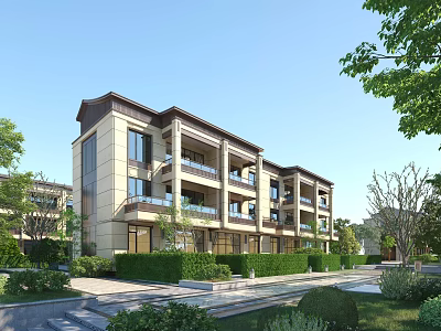 Modern Multi Story Townhouse Exterior With Balconies Greenery And Landscaped Lawn 3d model