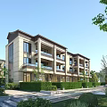Modern Multi Story Townhouse Exterior With Balconies Greenery And Landscaped Lawn