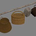 Woven Baskets Hanging On Wooden Pole For Storage And Decoration
