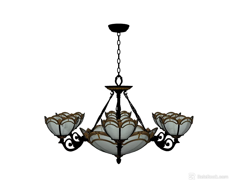 Elegant Vintage Chandelier With Petal Shaped Glass Shades And Bronze Frame 3d model 