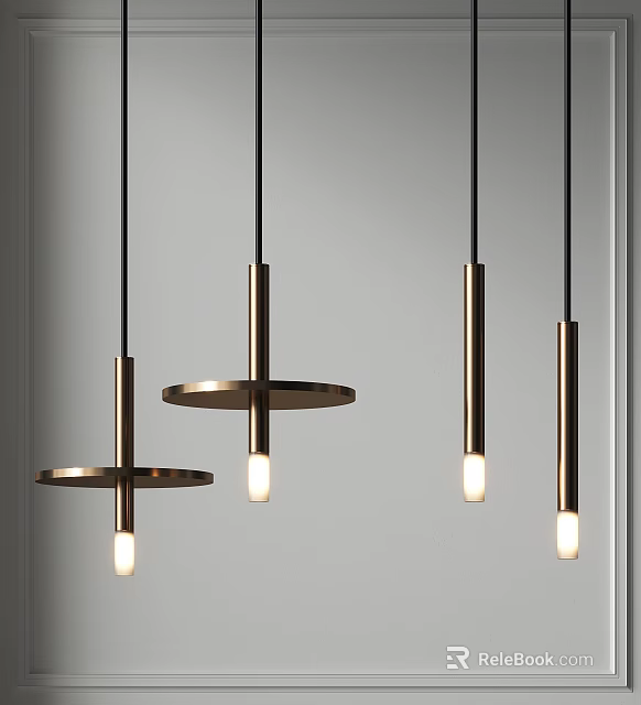 Modern Metallic Pendant Lights With Cylindrical Design And Circular Base Hanging Illuminated 3d model 