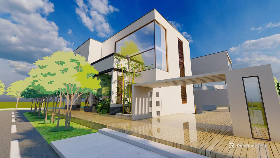 Modern Single Family House Exterior With Large Glass Windows And Greenery Courtyard 3d model 