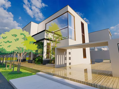 Modern Single Family House Exterior With Large Glass Windows And Greenery Courtyard 3d model
