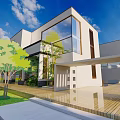 Modern Single Family House Exterior With Large Glass Windows And Greenery Courtyard