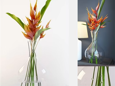 Orange Red Tropical Flowers with Green Leaves in Transparent Glass Vase Indoor Home Decor 3d model