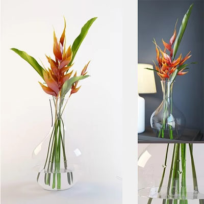 Orange Red Tropical Flowers with Green Leaves in Transparent Glass Vase Indoor Home Decor 3d model