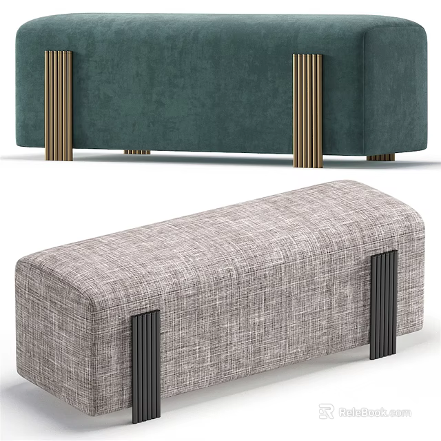 Modern Upholstered Sofa Bench With Gray Linen Fabric And Black Metal Legs 3d model 